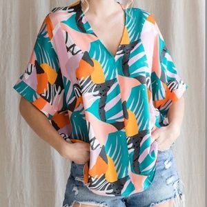NWOT Jodifl The Mary Blouse Tropical Palm Print Size 1X